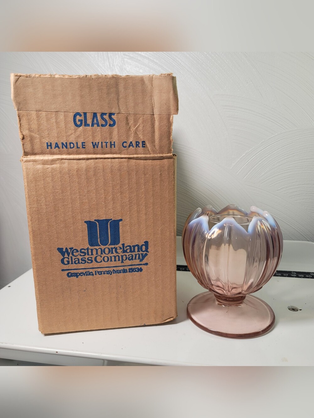 Vintage Westmoreland Lotus Flower And Candle Pink Opalescent Glass With Sticker.
